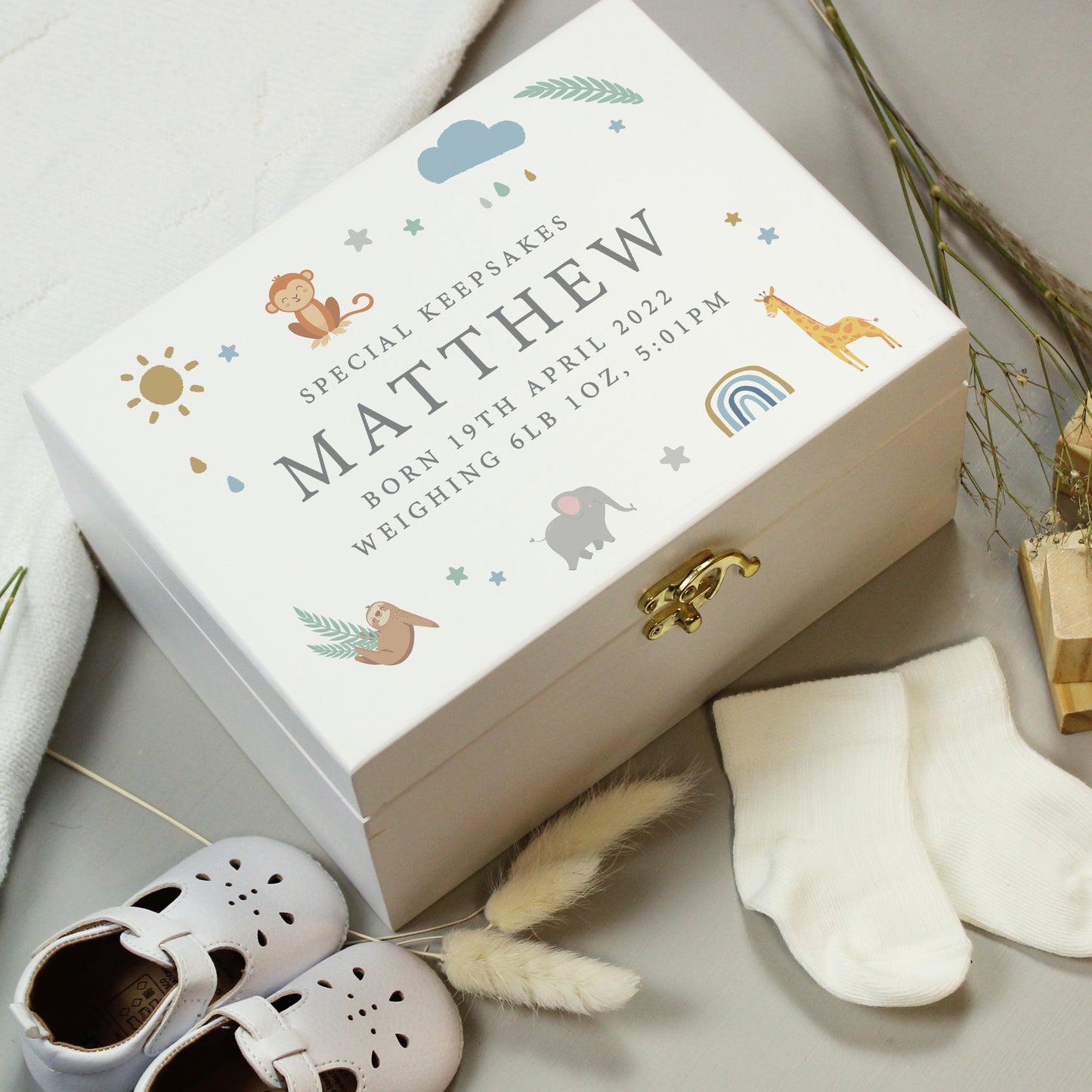 Personalised Safari Animals White Wooden Keepsake Box - 22 x 16cm