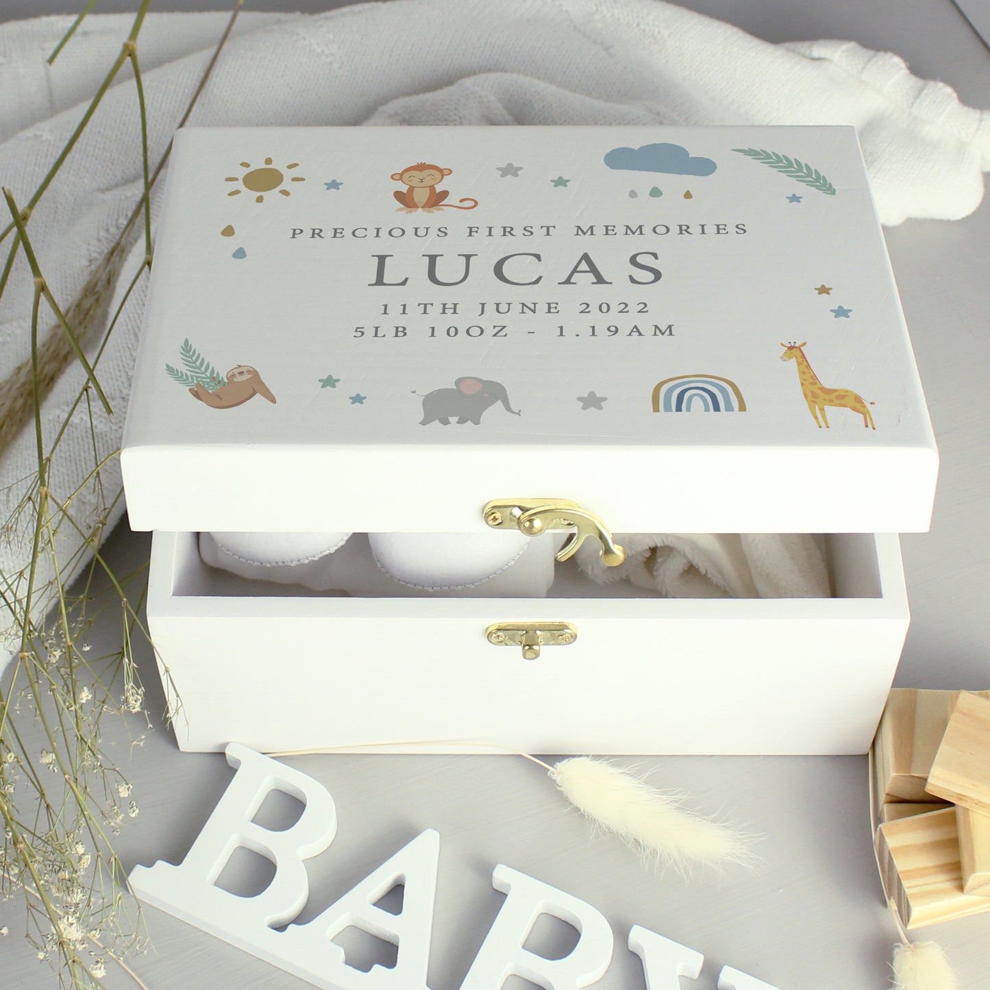 Personalised Safari Animals White Wooden Keepsake Box - 22 x 16cm