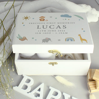 Personalised Safari Animals White Wooden Keepsake Box - 22 x 16cm
