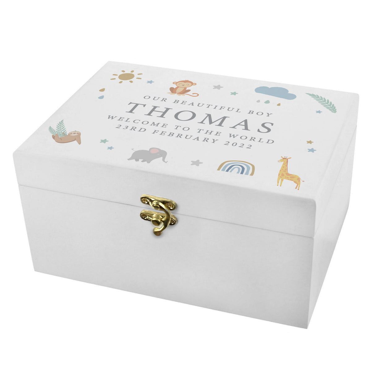 Personalised Safari Animals White Wooden Keepsake Box