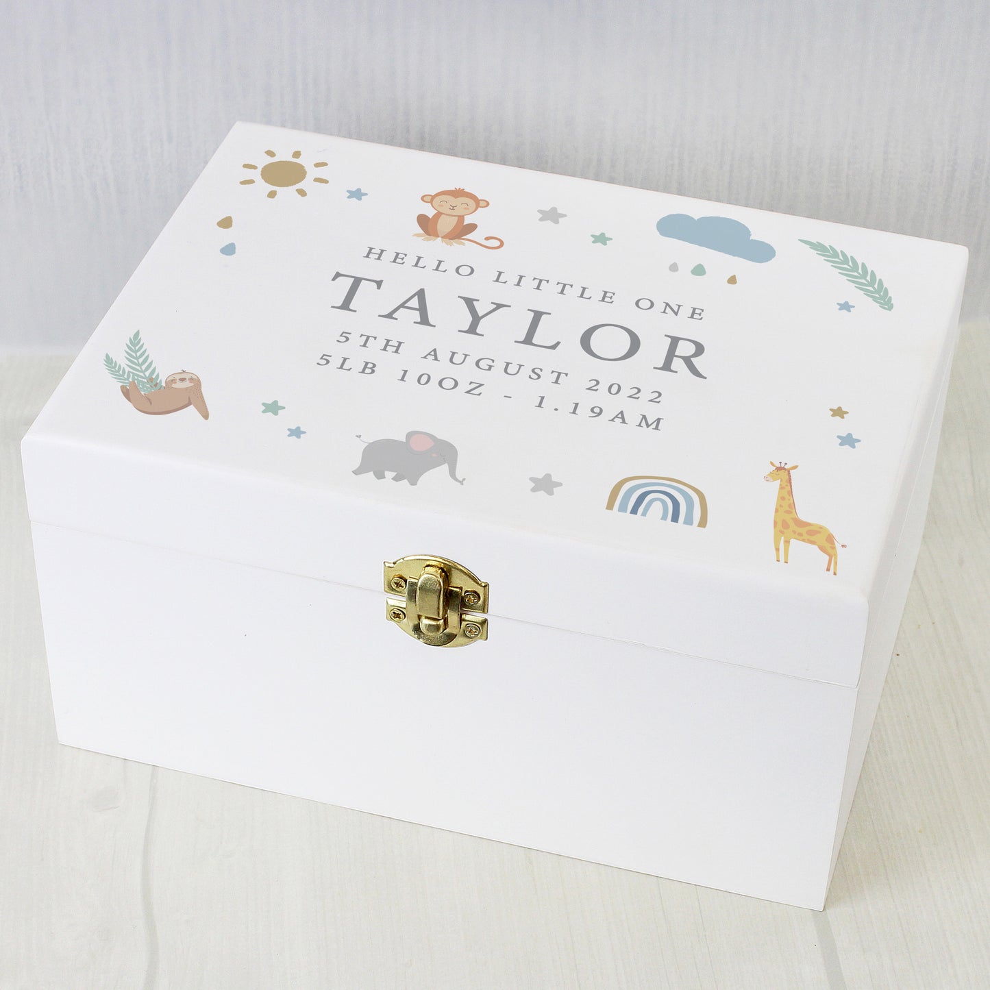 Personalised Safari Animals White Wooden Keepsake Box - 22 x 16cm