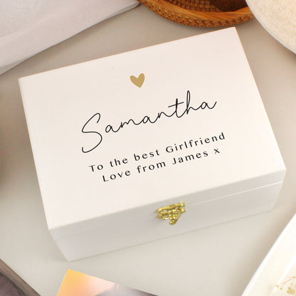 Personalised Gold Heart White Memory Box - 22 x 16cm