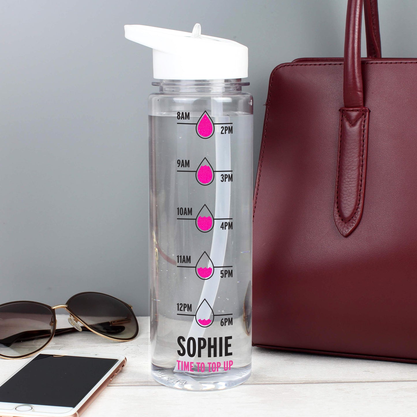 Personalised Pink Hydration Tracker Water Bottle