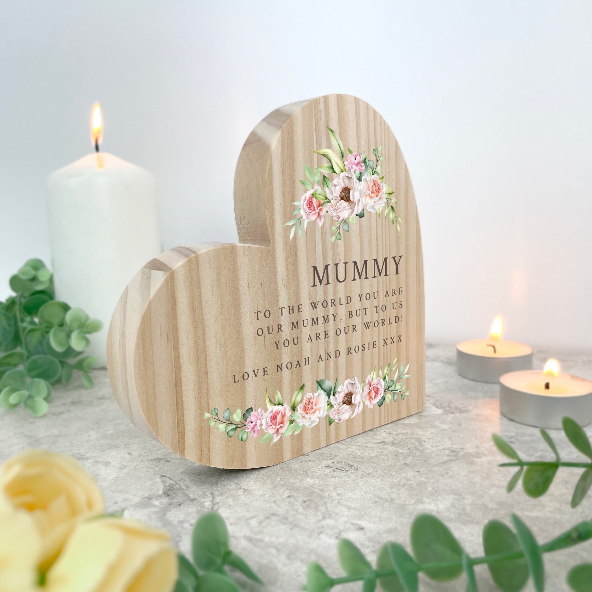 Personalised Any Message Pink Floral Wooden Freestanding Heart