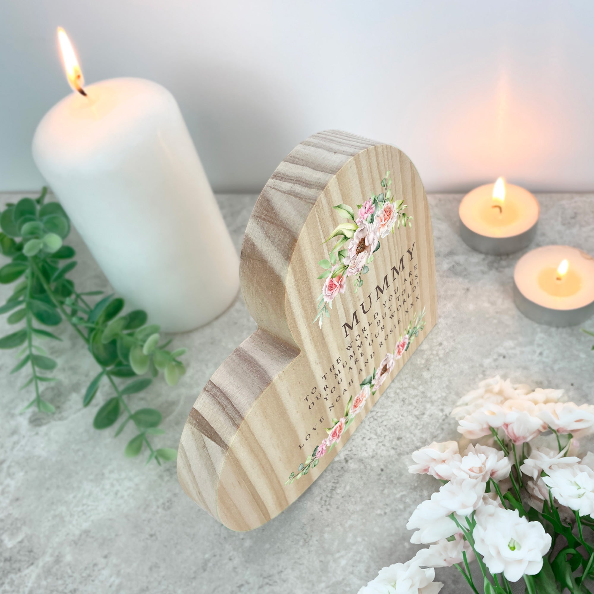 Personalised Any Message Pink Floral Wooden Freestanding Heart