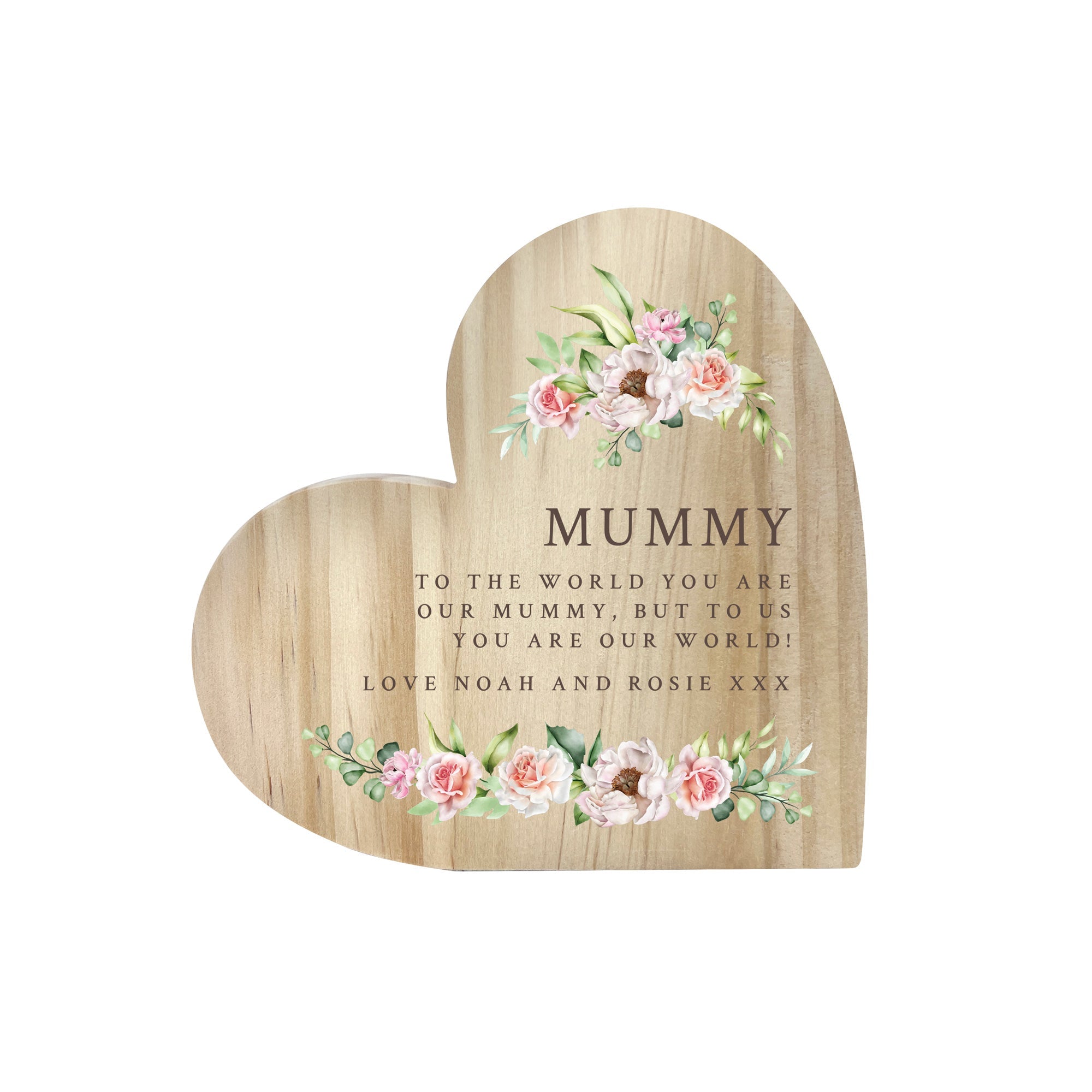 Personalised Any Message Pink Floral Wooden Freestanding Heart