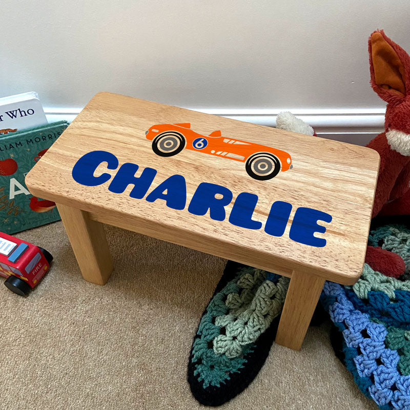 Personalised Wooden Children's Step Stool Race Car Design