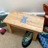 Personalised Child's Wooden Stool for Christening (Pink or Blue Teddy Bear Print)