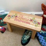 Personalised Child's Step Stool Flower Pattern Solid Wood Mini Bench