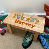 Personalised Child's Step Stool Safari Animals Solid Wood Mini Bench