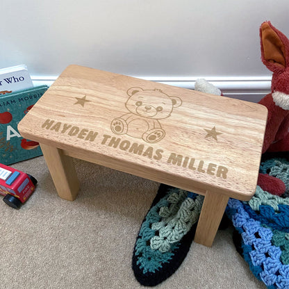 Personalised Engraved Children's Wooden Rectangular Stool Teddy Bear Design | New Baby or Christening Gift