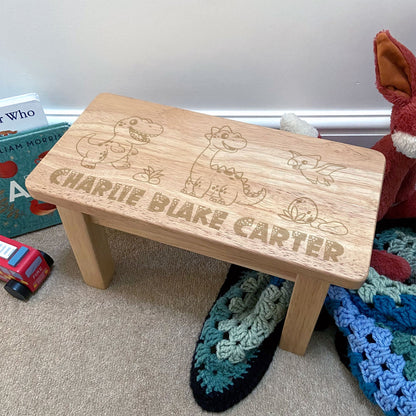 Personalised Engraved Children's Wooden Rectangular Stool Dinosaur Design | New Baby or Christening Gift