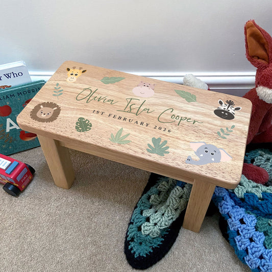 Personalised Children's Wooden Rectangular Stool Jungle Design | New Baby or Christening Gift