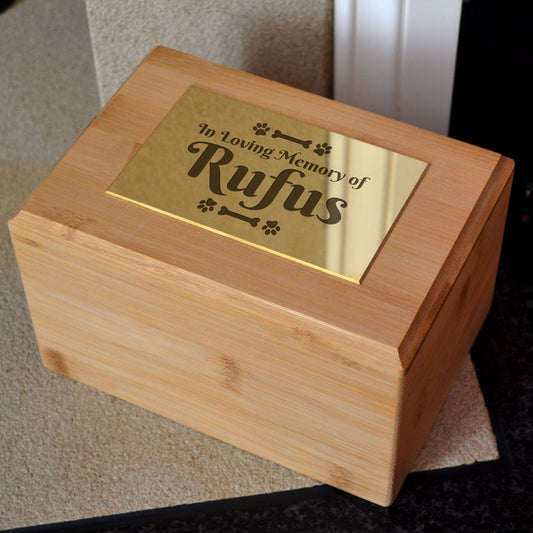 Personalised Pet Urn Bamboo Engraved Brass Effect Plaque for Dogs and Cats