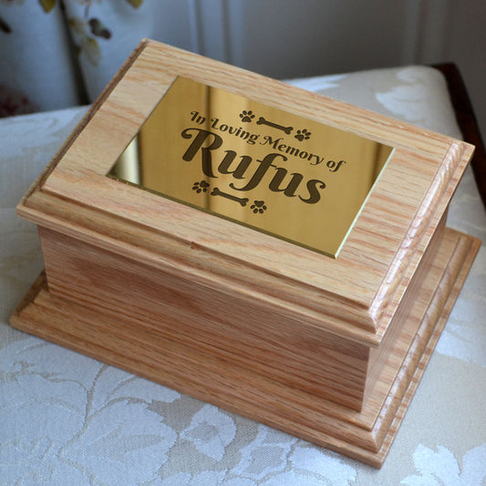 Personalised Dog Urn - Pet Urn in Solid Oak with Engraved Brass Effect Plaque