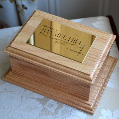 Personalised Oak Urn with Modern Engraving on Brass Effect Plaque