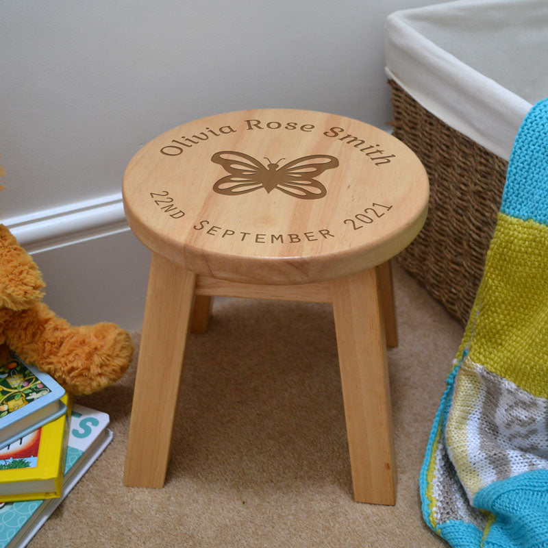 Personalised Children's Stool Date of Birth with Football Butterfly Teddy Flower or Bicycle