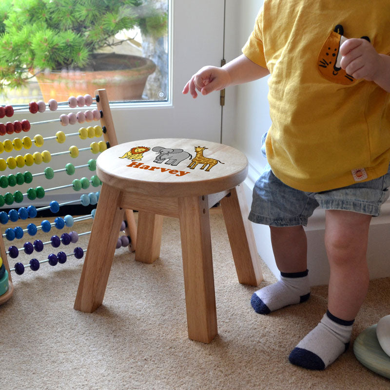 Personalised Children's Stool Safari Animals Solid Wood