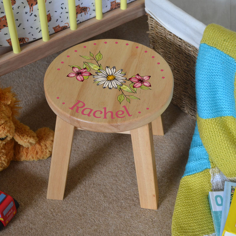 Personalised Children's Stool Flower Pattern Solid Wood