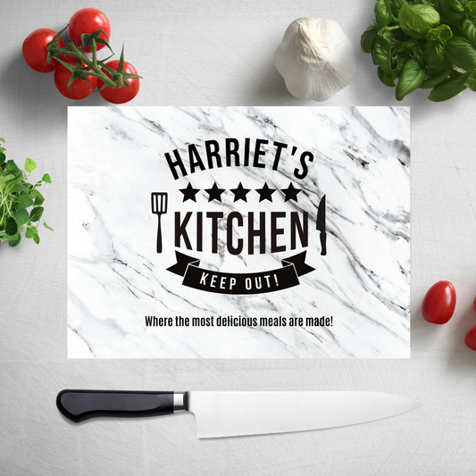 Personalised Kitchen Marble Effect Glass Chopping Board