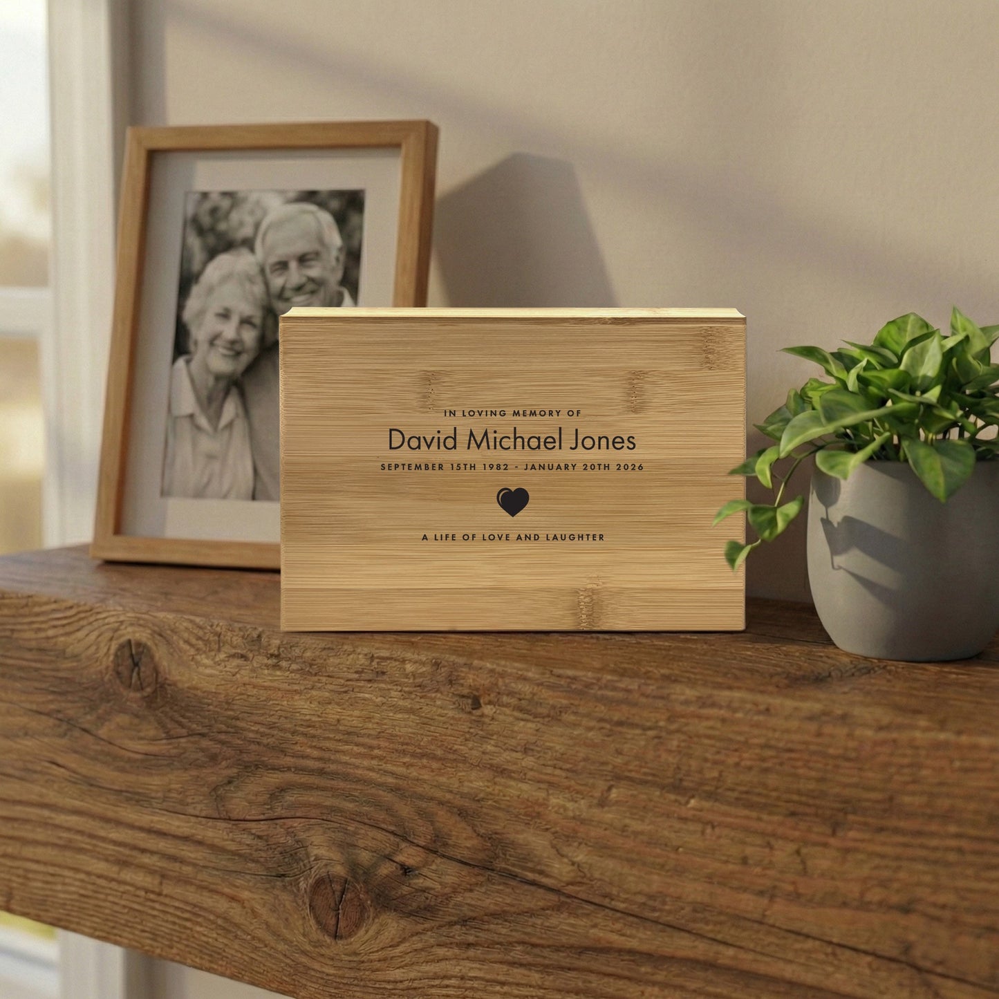 Personalised Bamboo Urn For Cremation Ashes - Name & Icon Design