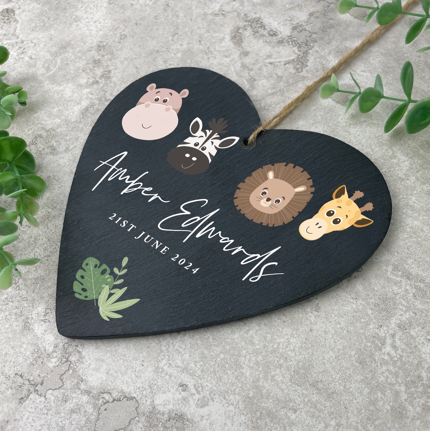 Personalised Jungle New Baby Slate Hanging Heart