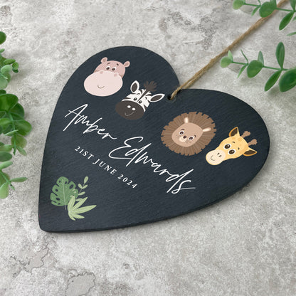 Personalised Jungle New Baby Slate Hanging Heart