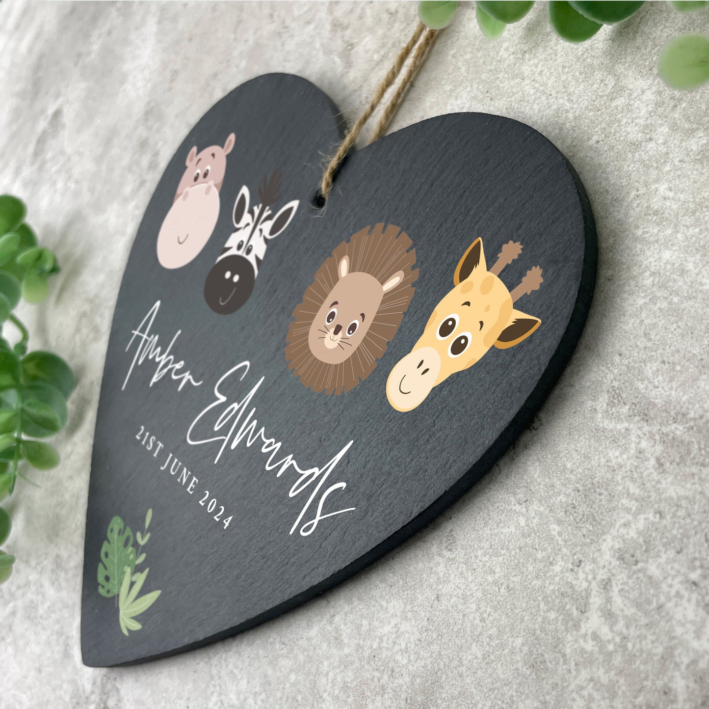 Personalised Jungle New Baby Slate Hanging Heart