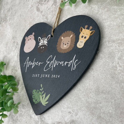 Personalised Jungle New Baby Slate Hanging Heart