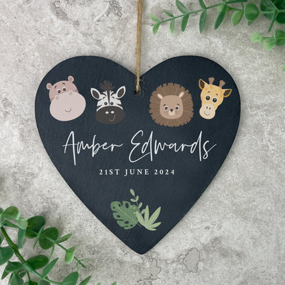 Personalised Jungle New Baby Slate Hanging Heart