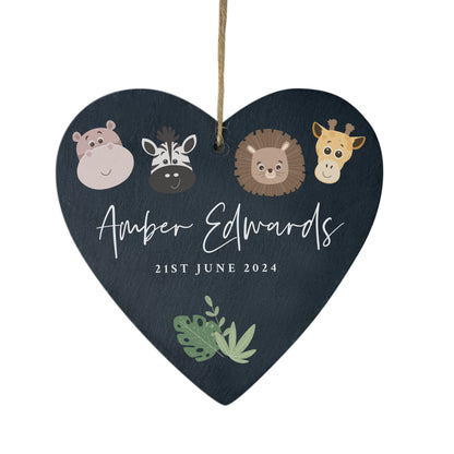 Personalised Jungle New Baby Slate Hanging Heart