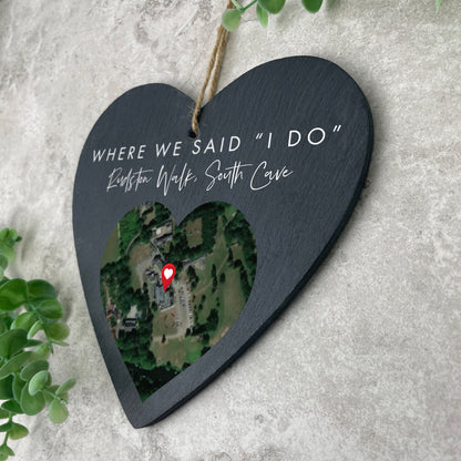 Personalised Heart Map Location Slate Hanging Heart Decoration 15 x 16cm