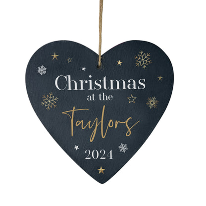 Personalised Festive Gold Slate Hanging Heart Decoration 15 x 16cm