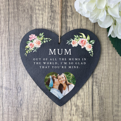 Personalised Any Message Pink Floral Photo Slate Hanging Heart