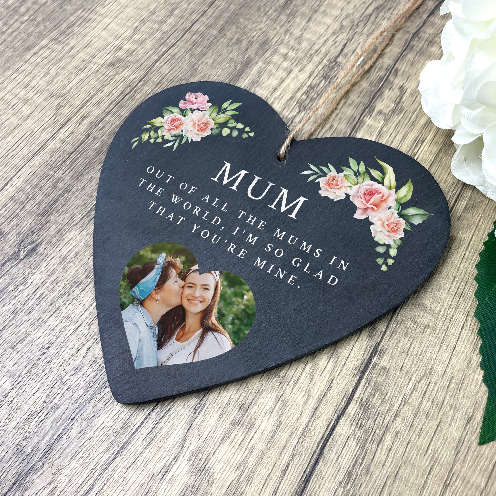Personalised Any Message Pink Floral Photo Slate Hanging Heart