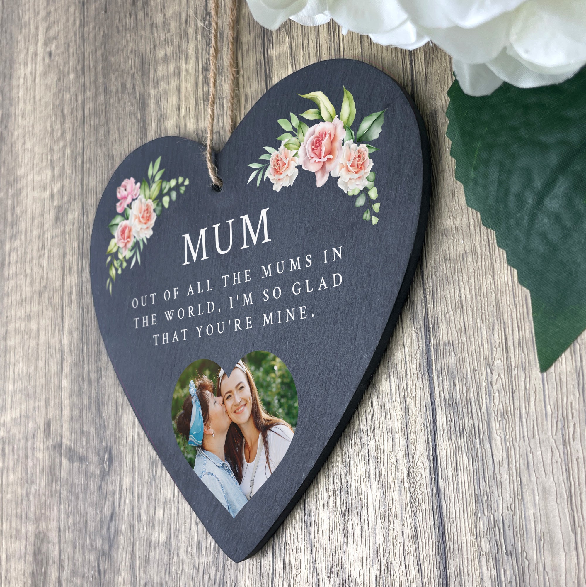 Personalised Any Message Pink Floral Photo Slate Hanging Heart