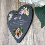 Personalised Any Message Pink Floral Photo Slate Hanging Heart