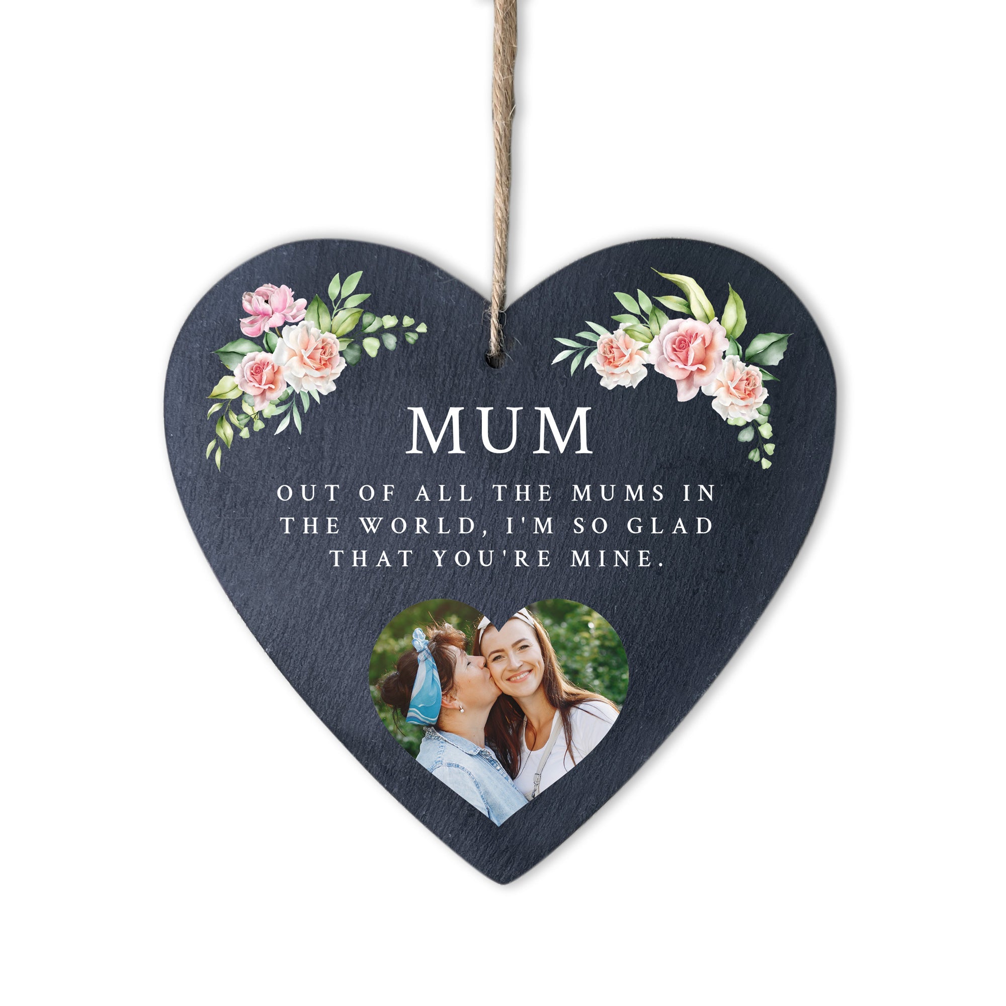 Personalised Any Message Pink Floral Photo Slate Hanging Heart