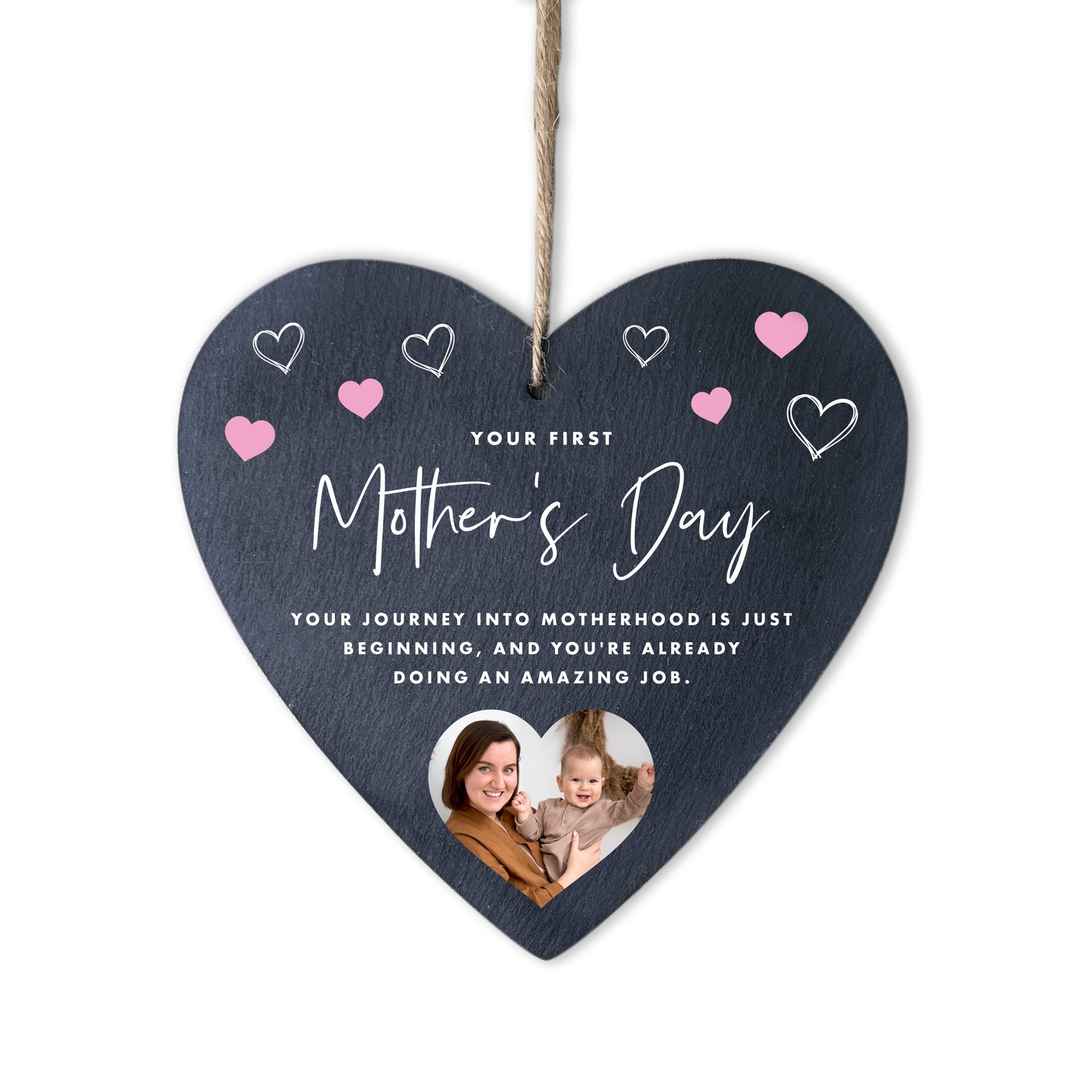 Personalised First Mother's Day Photo Slate Hanging Heart