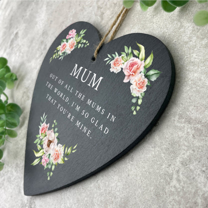 Personalised Any Message Pink Floral Slate Hanging Heart