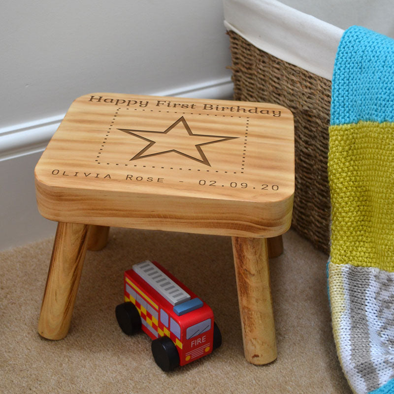 Personalised First Birthday Baby Step Stool Solid Wooden Square Top
