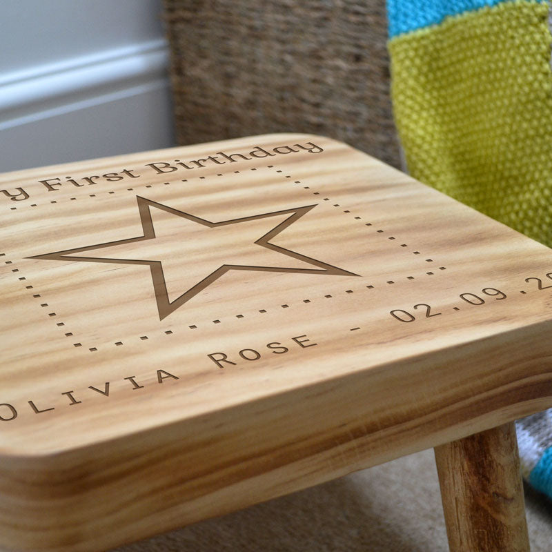 Personalised First Birthday Baby Step Stool Solid Wooden Square Top