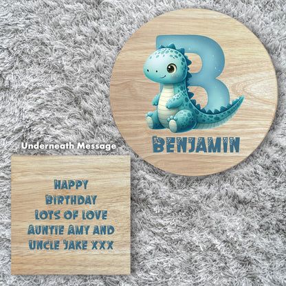 Personalised Wooden Dinosaur Alphabet Round Toddler Step Stool | Nursery Decor & First Birthday Gift