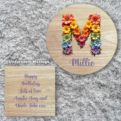 Personalised Wooden Flower Alphabet Round Toddler Step Stool | Nursery Decor & First Birthday Gift