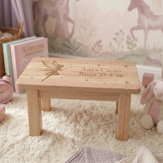 Personalised Engraved Children's Wooden Rectangular Stool Fairy Design | New Baby or Christening Gift