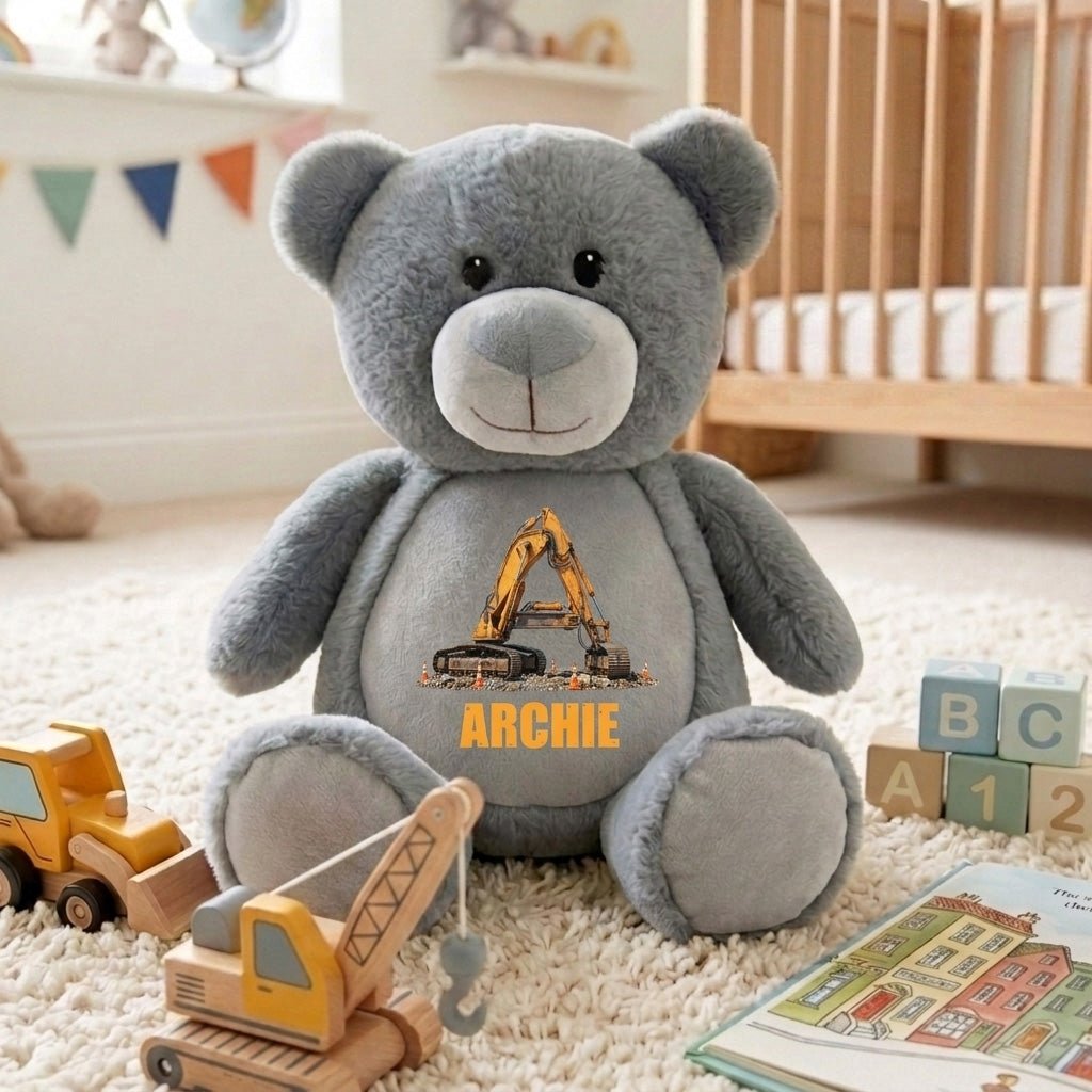 Personalised Construction Alphabet Grey Plush Teddy Bear 42cm | Kids Birthday or Christening Gift - The Lovely Keepsake Company
