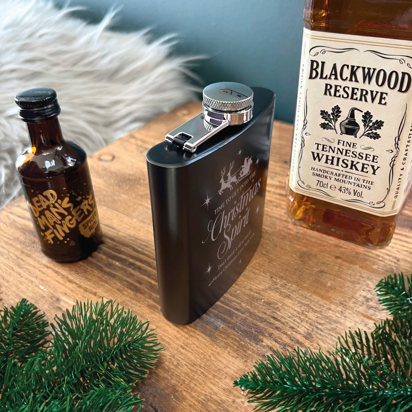 Personalised Christmas Spirit Engraved Black Metal Hip Flask 6oz