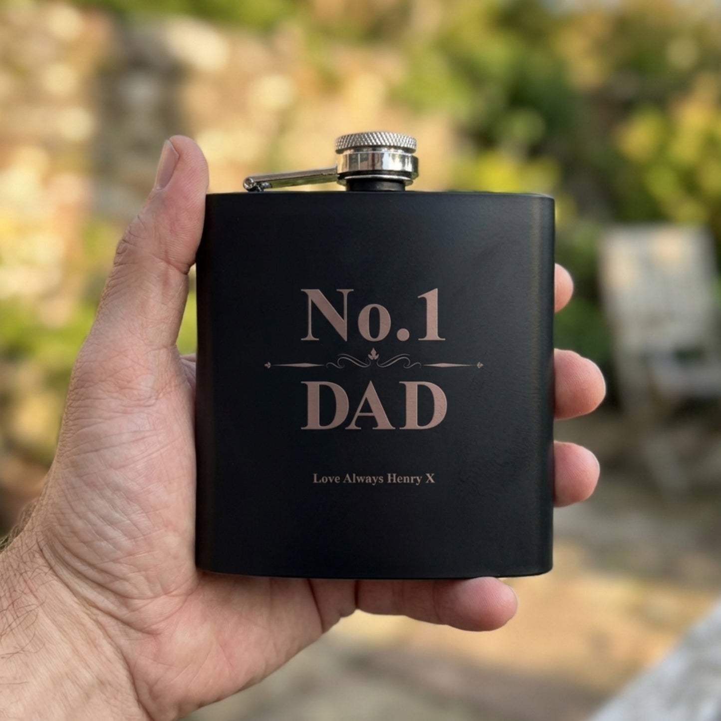 Personalised No.1 Dad Scroll Engraved Black Metal Hip Flask 6oz