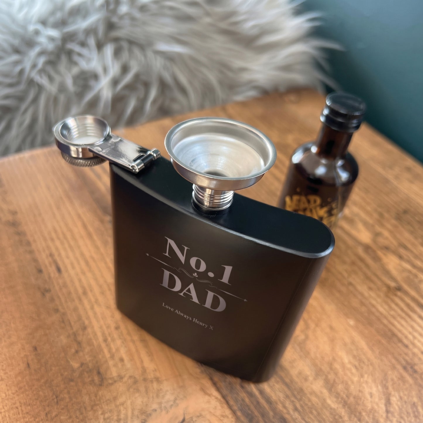 Personalised No.1 Dad Scroll Engraved Black Metal Hip Flask 6oz