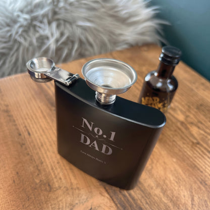 Personalised No.1 Dad Scroll Engraved Black Metal Hip Flask 6oz